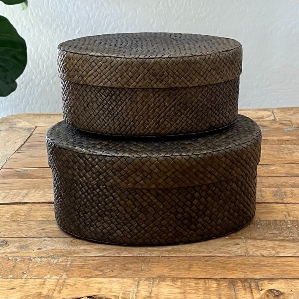 Wicker Lidded Storage Baskets (2) 8x3.5" & 9.5x4.5" Dark Brown Finish